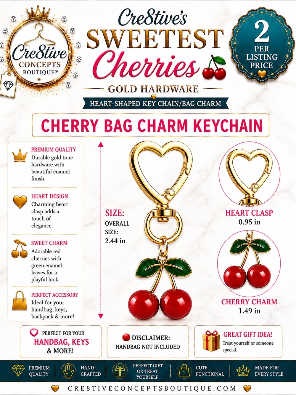 Cre8tive’s 2 pc Sweetest Cherries 🍒 Gold Hardware Heart-Shaped Key/Bag Charm